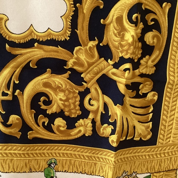 Fabio Fabelli Horse And Carriage Golden Scrolls 100%Silk Twill Scarf Hand Rolled - Picture 7 of 11